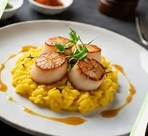 Photo of a plate of scallops with saffron risotto